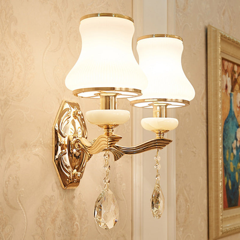 Bell Bedroom Wall Light Gifce Traditional Opal Grosted Glass 1/2 Bulbes Brass Wall Lampe With Clear Crystal Drop