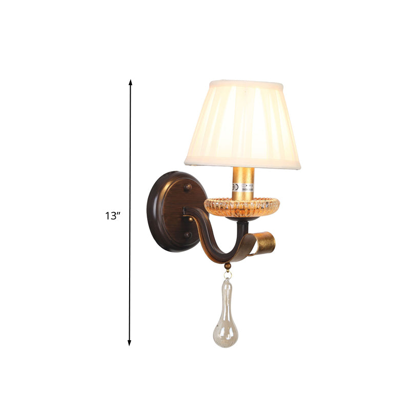 White 1/2-Bulb Wall Light Sconce Traditional Fabric Pleated Shade Wall Mount Lighting with Clear Glass Drop