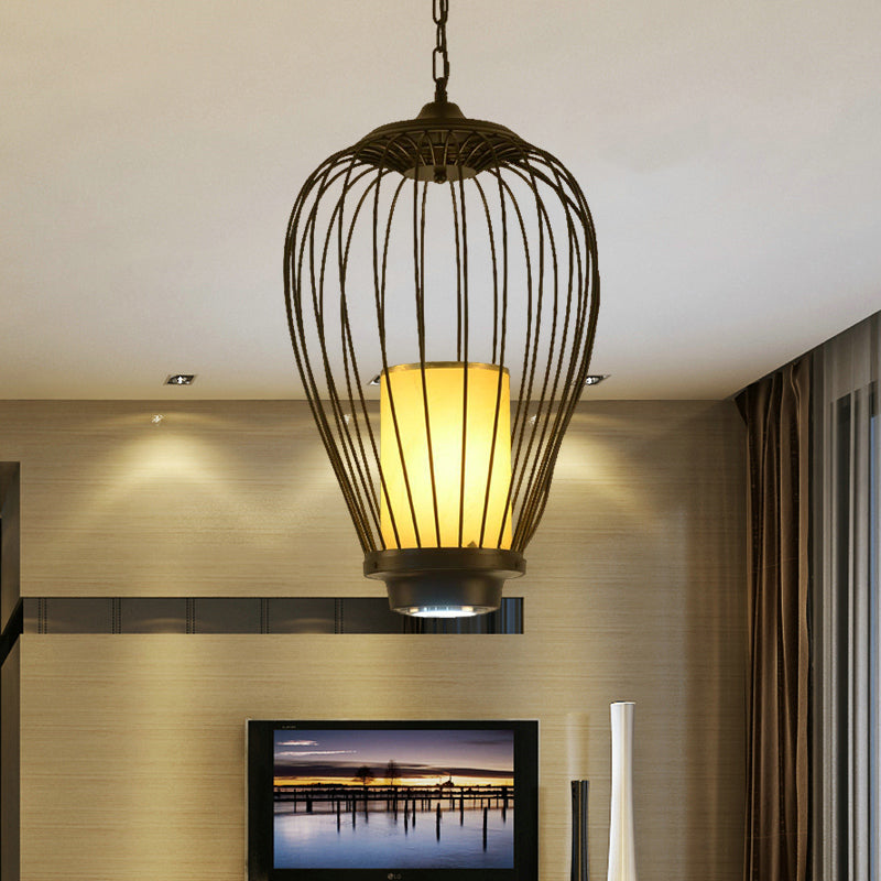 Caged Dining Room Ceiling Lighting Metal 14"/18" W 1 Head Modern Style Suspension Lamp with Cylinder Fabric Shade