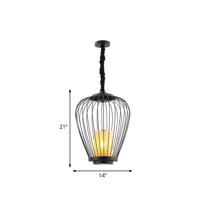 Caged Dining Room Ceiling Lighting Metal 14"/18" W 1 Head Modern Style Suspension Lamp with Cylinder Fabric Shade