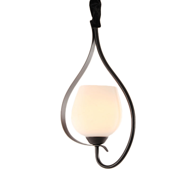 Bowl Frosted Glass Pendant Lighting Contemporary Style 1 Bulb Black Finish Hanging Ceiling Light
