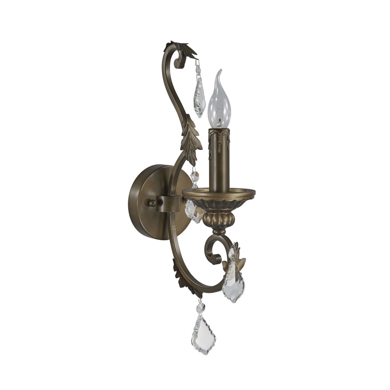 Rustic Candlestick Wall Lighting Fixture 1 Bulb Iron Wall Mounted Lamp in Bronze with Dangling Crystal Accent