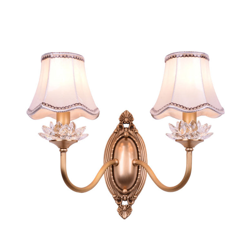 2 Heads Crystal Wall Lamp Traditional Brass Scalloped Living Room LED Wall Sconce Light