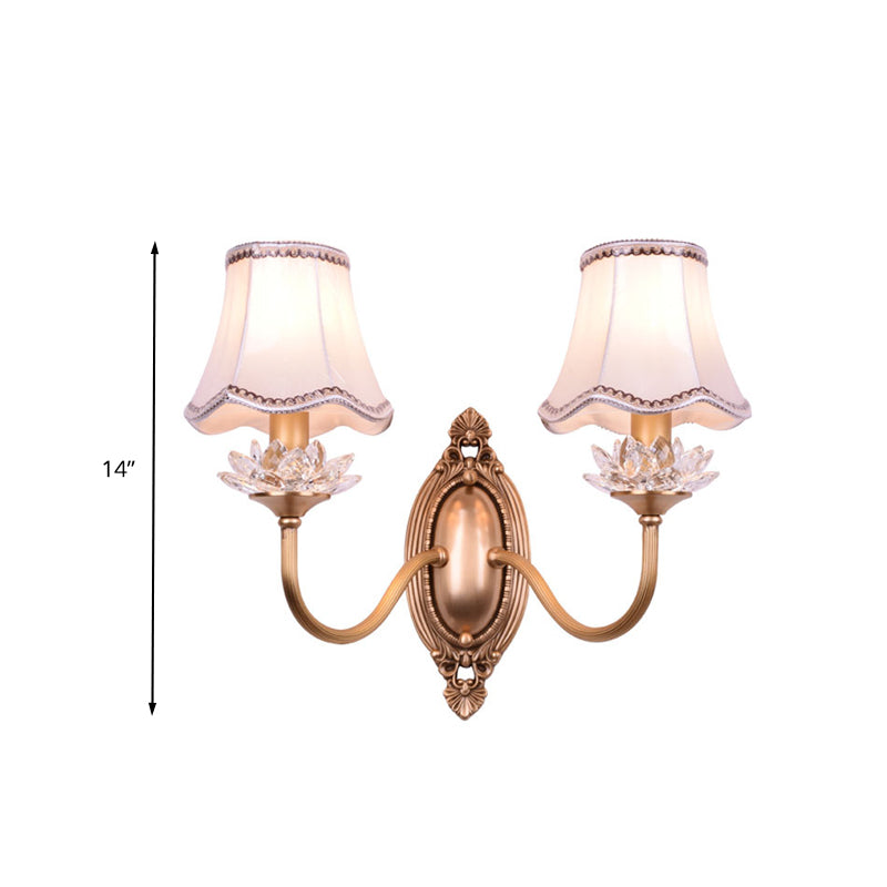 2 Heads Crystal Wall Lamp Traditional Brass Scalloped Living Room LED Wall Sconce Light