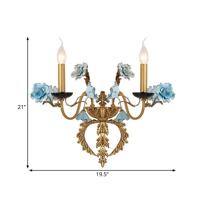 Blaue Wandleuchte mit gebogenem Arm, ländliches Metall, 2 Lichter, Wohnzimmerleuchte mit/ohne Schirm