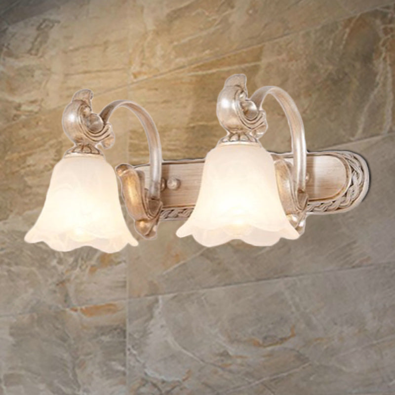 Traditional Flower Shade Vanity Wall Sconce Milk Glass 2/3 Heads Bathroom Wall Light with Curved Arm in Khaki