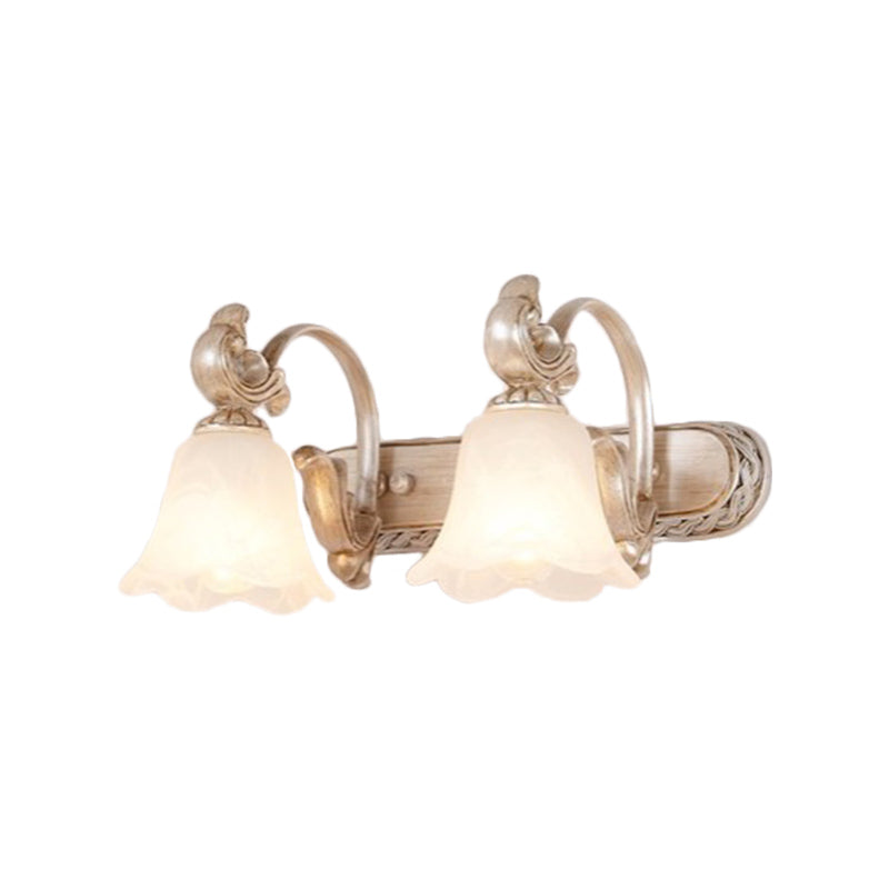 Traditional Flower Shade Vanity Wall Sconce Milk Glass 2/3 Heads Bathroom Wall Light with Curved Arm in Khaki