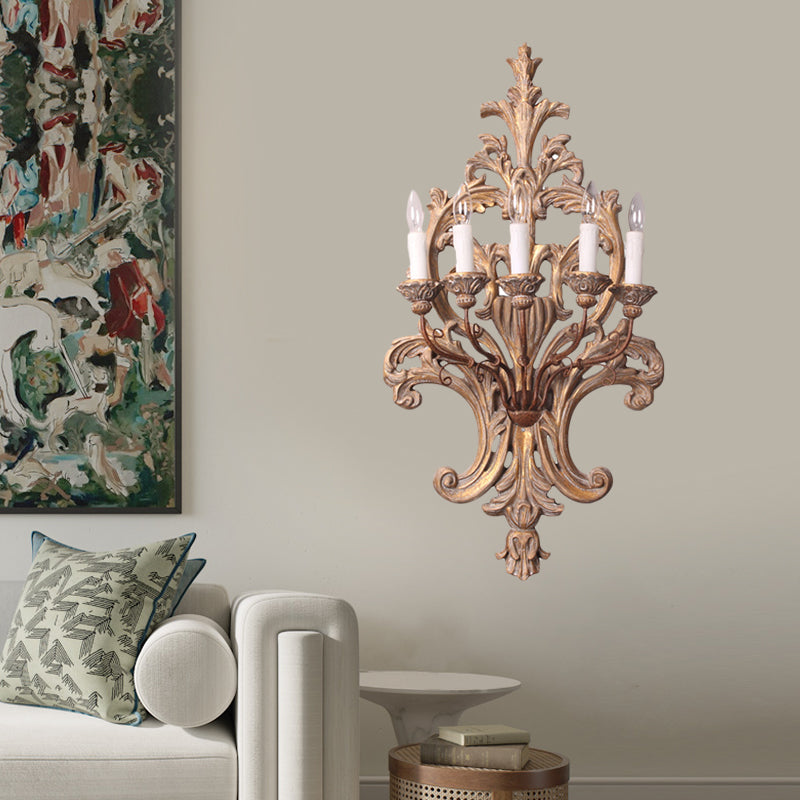 Wood Candelabra Wall Mounted Lamp Rustic Style 5 Lights Bedroom Sconce Light Fixture