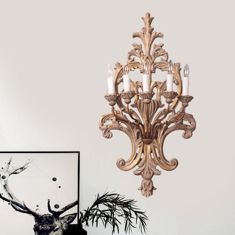 Wood Candelabra Wall Mounted Lamp Rustic Style 5 Lights Bedroom Sconce Light Fixture