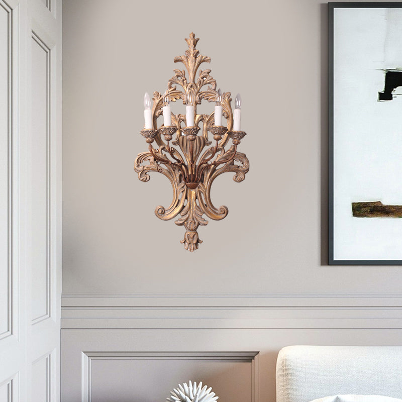 Wood Candelabra Wall Mounted Lamp Rustic Style 5 Lights Bedroom Sconce Light Fixture