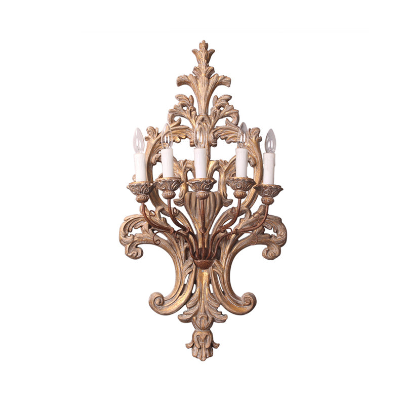 Wood Candelabra Wall Mounted Lamp Rustic Style 5 Lights Bedroom Sconce Light Fixture