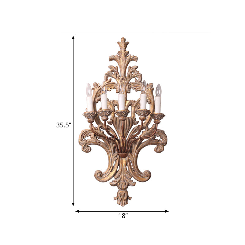Wood Candelabra Wall Mounted Lamp Rustic Style 5 Lights Bedroom Sconce Light Fixture