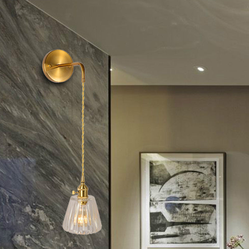 1 Light Wall Mount Lighting Traditional Dome/Cone Clear Prismatic Glass LED Sconce Light Fixture in Gold