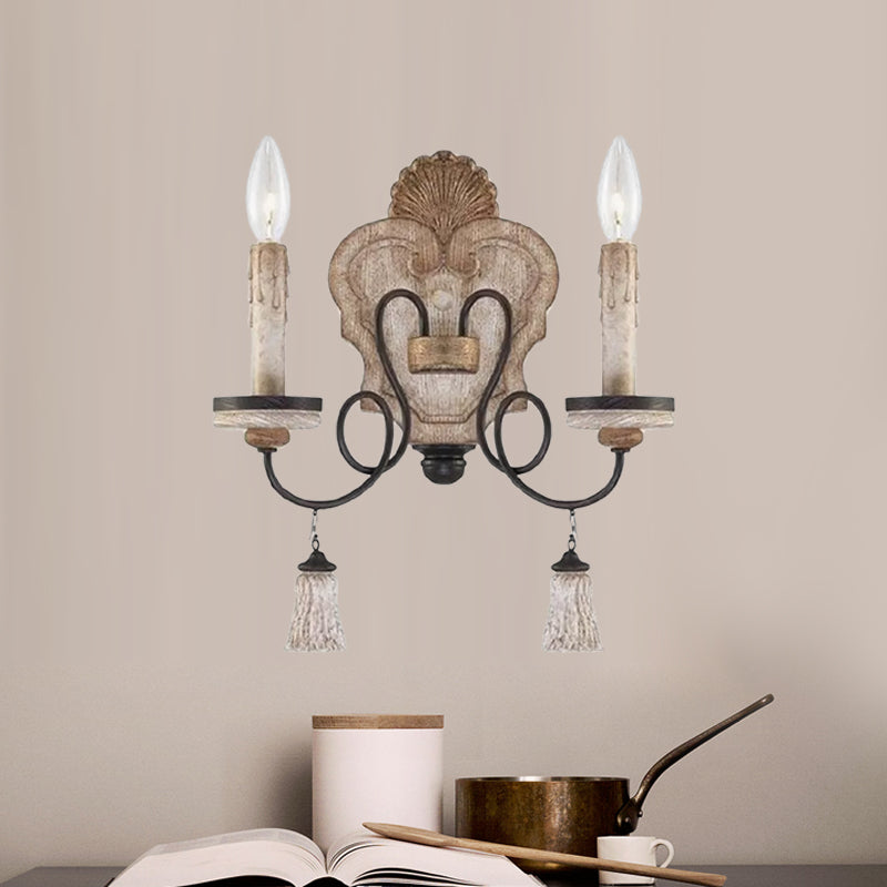 Lámpara de pared de salón con 2 luces de madera de campo estilo vela negra/blanca