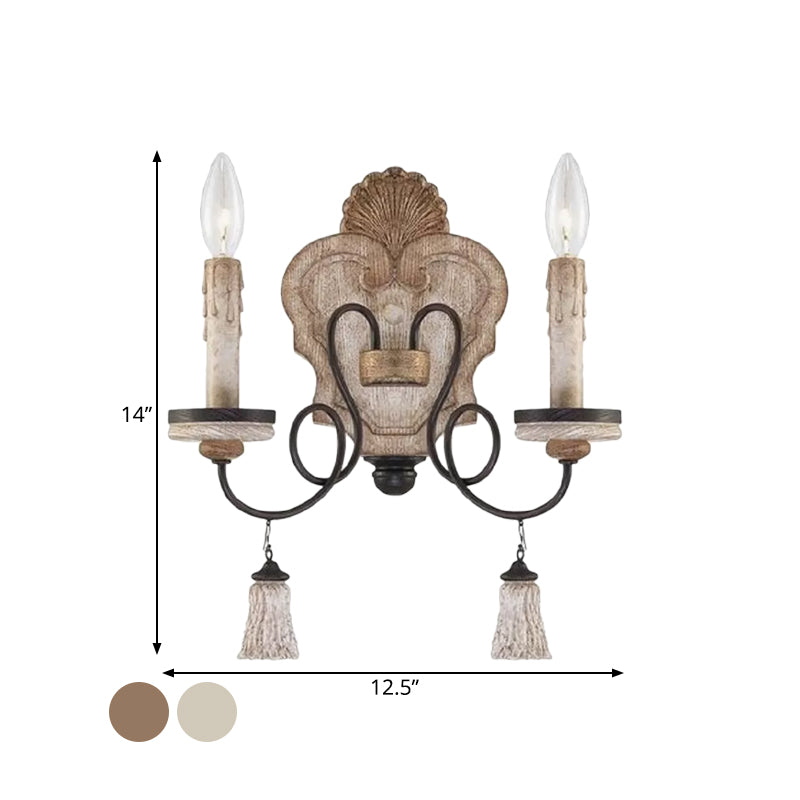 Lámpara de pared de salón con 2 luces de madera de campo estilo vela negra/blanca