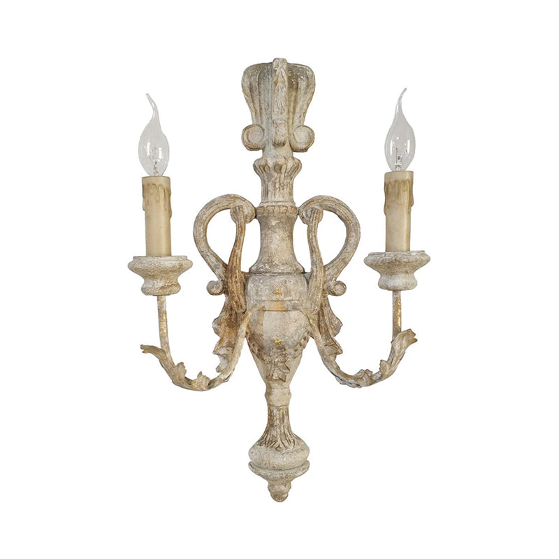 White 2 Lights Sconce Traditional-Style Wood Candelabra Wall Lighting Idea, 7"/13"/14" Wide