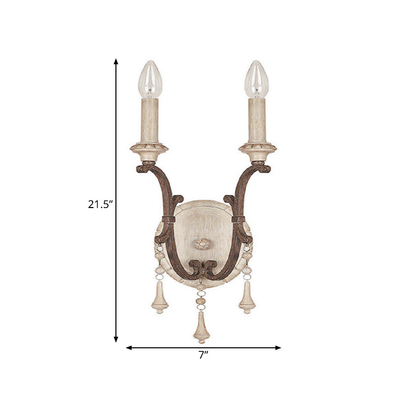White 2 Lights Sconce Traditional-Style Wood Candelabra Wall Lighting Idea, 7"/13"/14" Wide