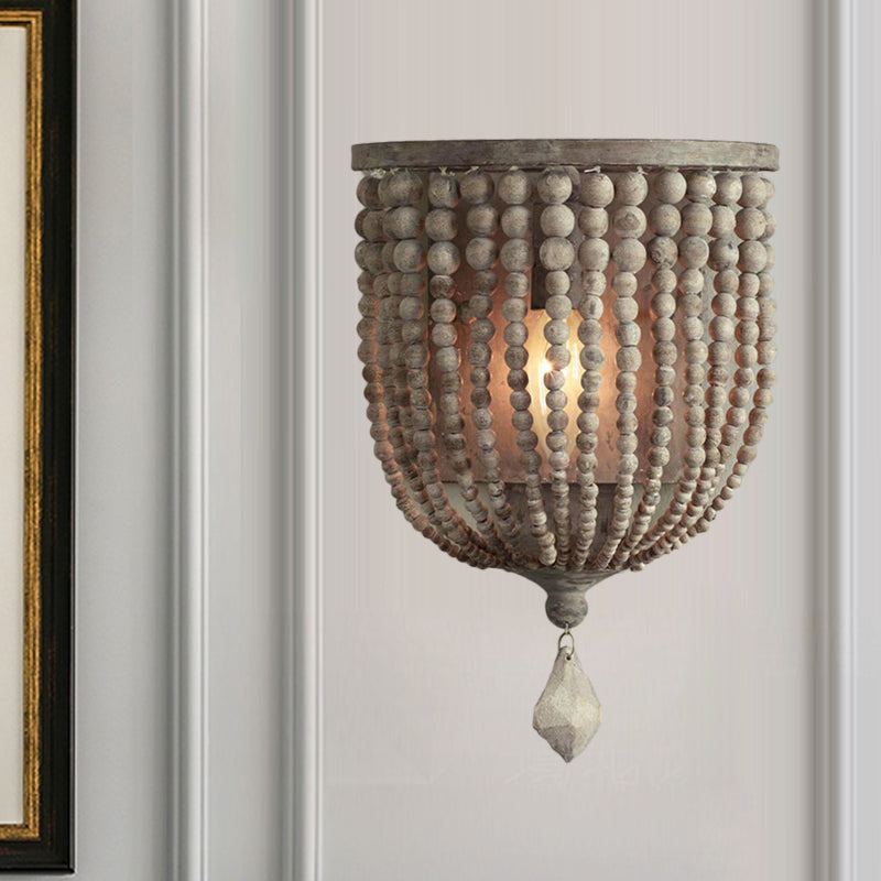 1 Light Wood Wall Mount Lamp Countryside Grey Beaded Living Room Sconce Light Fixture