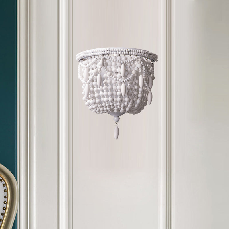 1 Light Bedroom Wall Mount Lighting Traditional White Sconce Light Fixture with Basket Wood Shade