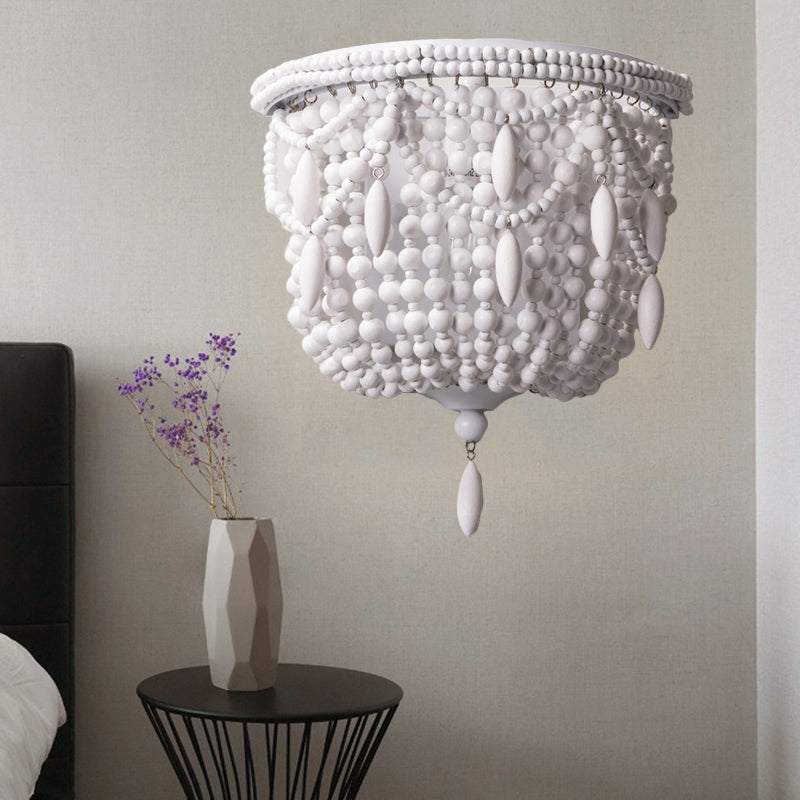 1 Light Bedroom Wall Mount Lighting Traditional White Sconce Light Fixture with Basket Wood Shade