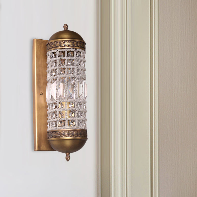1 Light Wall Lighting Fixture Rural Cylinder Shaped Crystal Sconce Light in Brass for Indoor