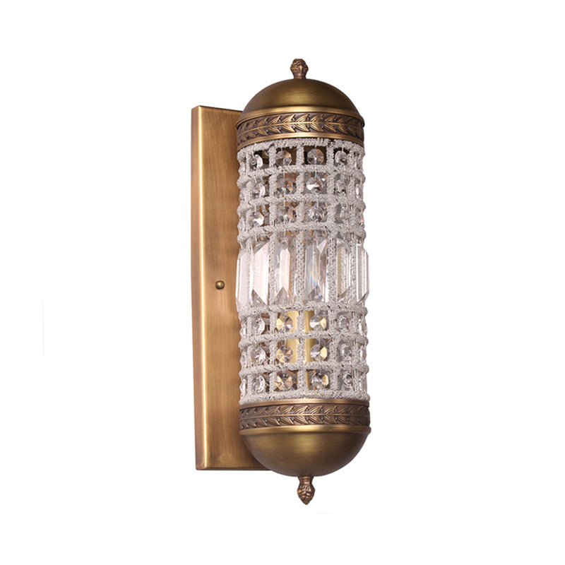 1 Light Wall Lighting Fixture Rural Cylinder Shaped Crystal Sconce Light in Brass for Indoor
