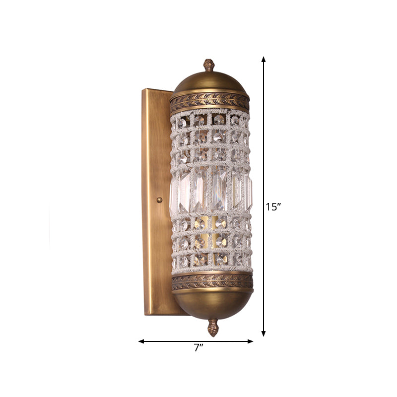 1 Light Wall Lighting Fixture Rural Cylinder Shaped Crystal Sconce Light in Brass for Indoor