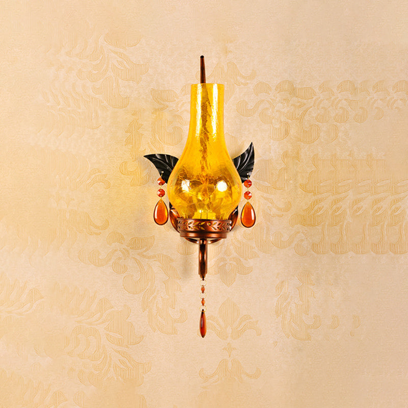 Traditional Vase Wall Mount Light Yellow Cracked Glass 1 Light Bathroom Wall Light Sconce with Orange Crystal Deco