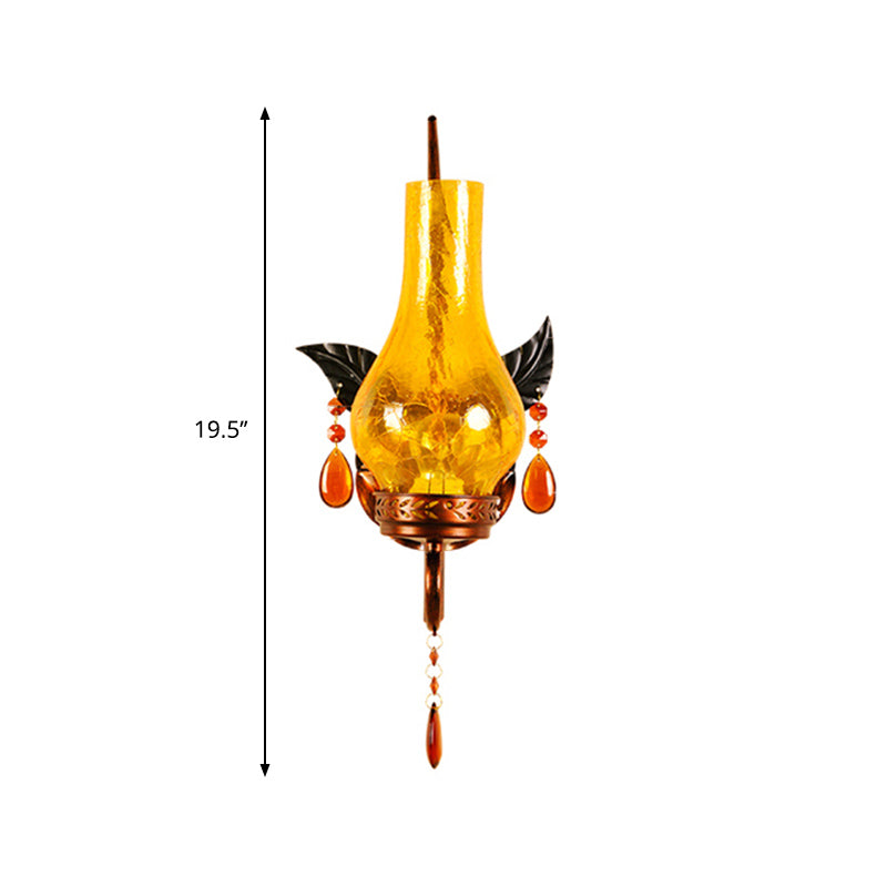 Traditional Vase Wall Mount Light Yellow Cracked Glass 1 Light Bathroom Wall Light Sconce with Orange Crystal Deco