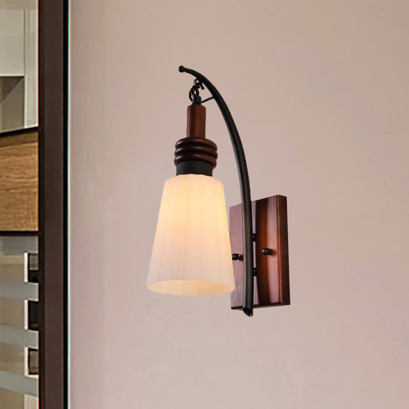 Contemporary Cone Sconce Light Fixture Opal Glass and Wood 1 Head Bedroom Wall Mounted Light in Red Brown