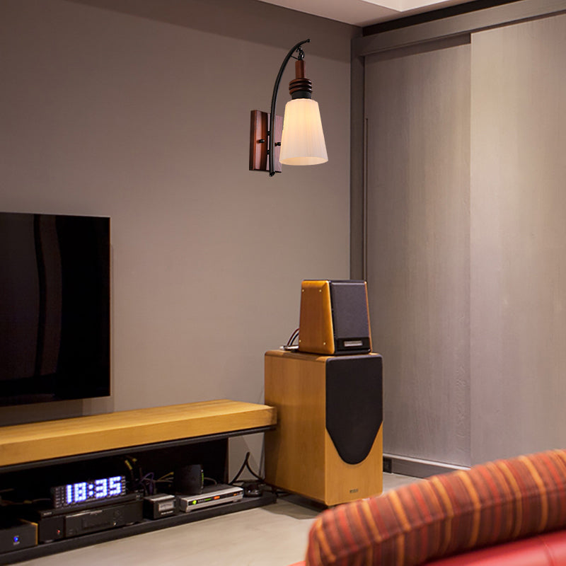 Contemporary Cone Sconce Light Fixture Opal Glass and Wood 1 Head Bedroom Wall Mounted Light in Red Brown