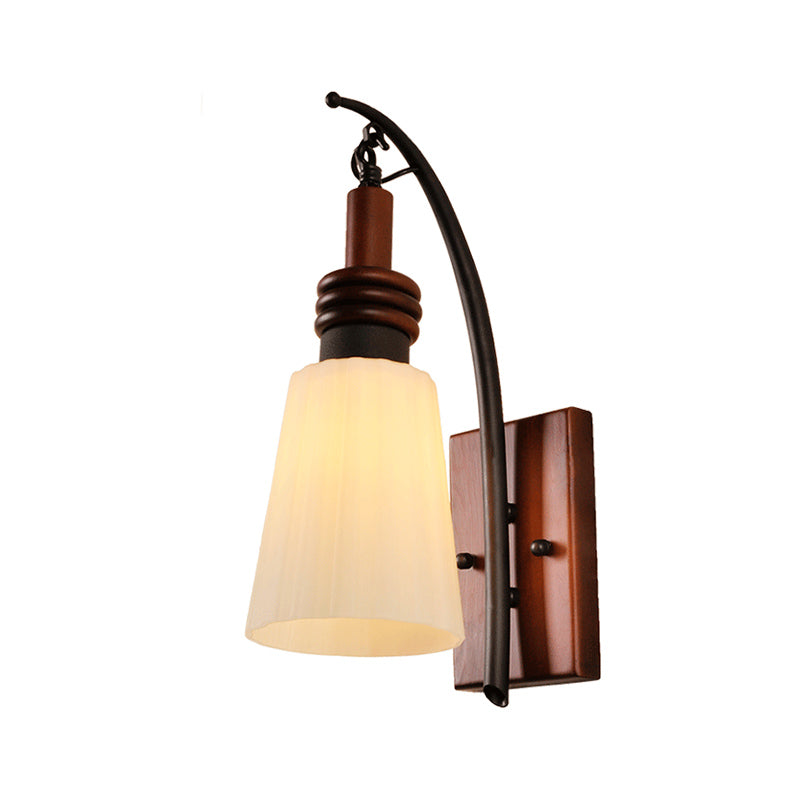 Contemporary Cone Sconce Light Fixture Opal Glass and Wood 1 Head Bedroom Wall Mounted Light in Red Brown