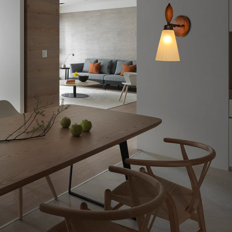 Frosted Glass Conic Wall Mounted Lamp Modern Stijlvol 1 licht roodbruine SCONCE Licht met houten achterplaat