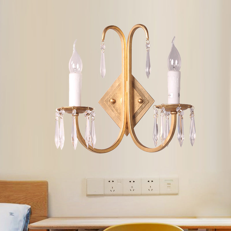 Metallic Candle Wall Lighting Feature Rustikale 2 Lichter Esszimmer Leuchter in Gold mit Kristalltropfen