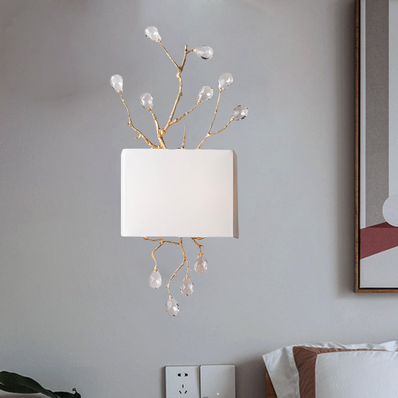 Rectangle Bedroom Wall Mounted Lamp Classic Fabric 2 Lights Brass Sconce with Pink/Clear Crystal Accent