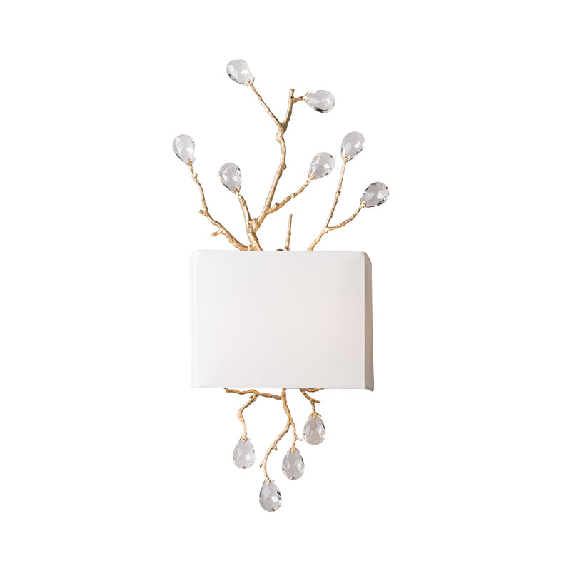 Rectangle Bedroom Wall Mounted Lamp Classic Fabric 2 Lights Brass Sconce with Pink/Clear Crystal Accent