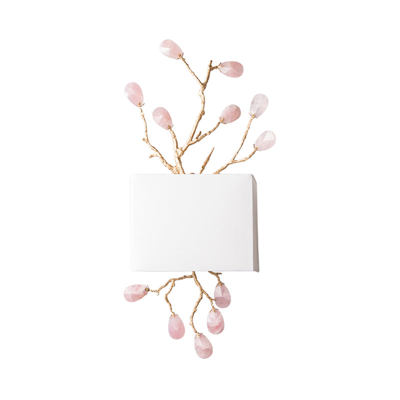 Rectangle Bedroom Wall Mounted Lamp Classic Fabric 2 Lights Brass Sconce with Pink/Clear Crystal Accent