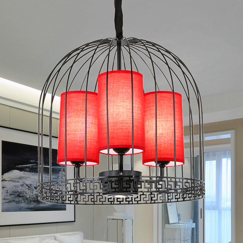 Traditional Birdcage Chandelier Light Metal 3/5 Lights Restaurant Black/Gold Ceiling Lamp with Red Fabric Cylinder Shade
