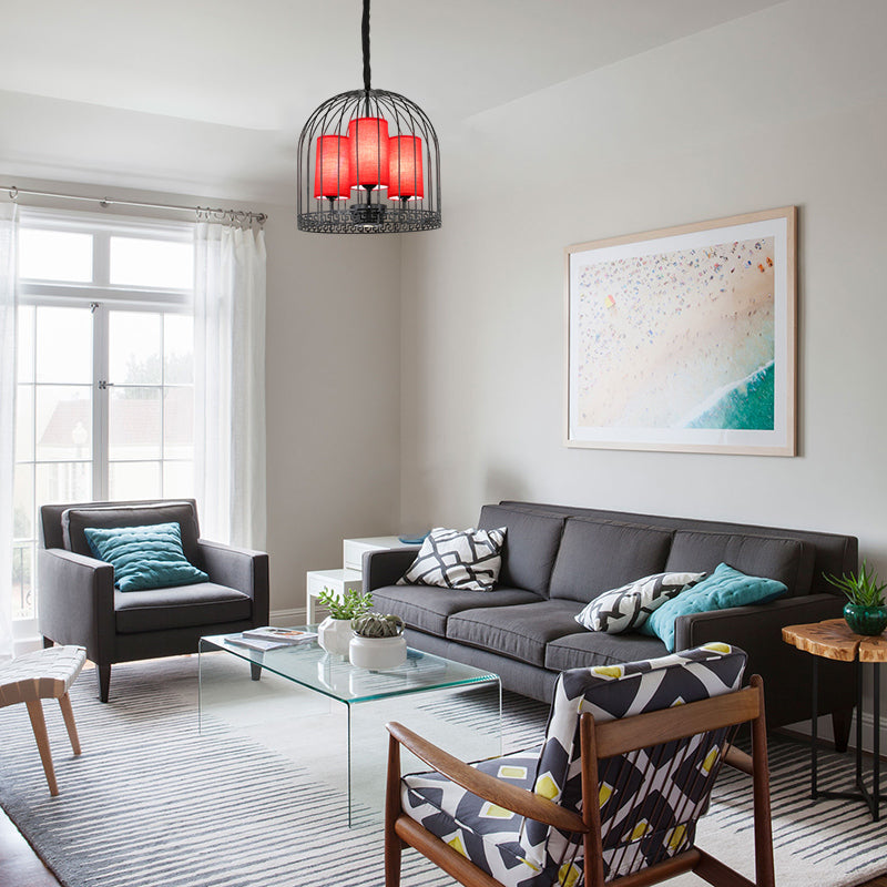 Traditional Birdcage Chandelier Light Metal 3/5 Lights Restaurant Black/Gold Ceiling Lamp with Red Fabric Cylinder Shade