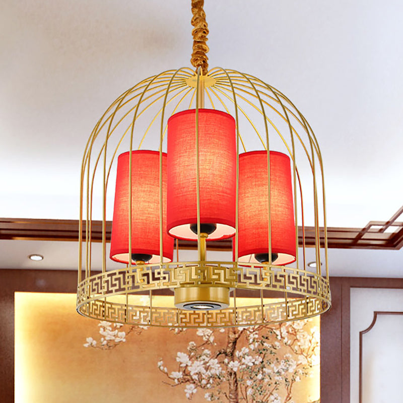 Traditional Birdcage Chandelier Light Metal 3/5 Lights Restaurant Black/Gold Ceiling Lamp with Red Fabric Cylinder Shade