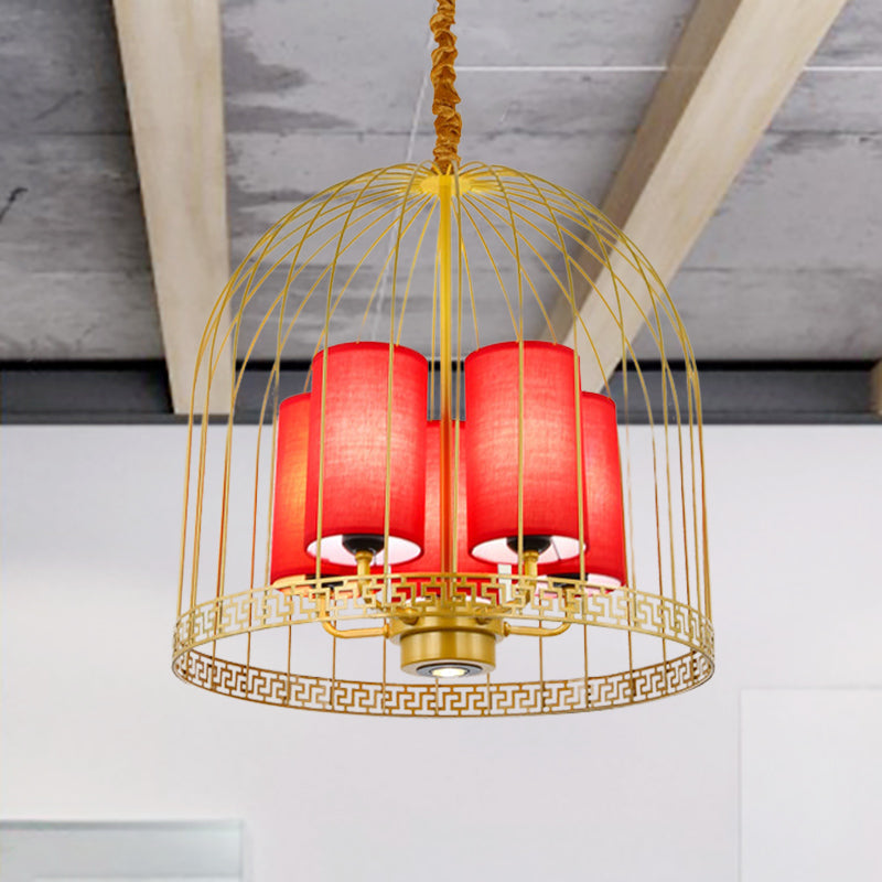 Traditional Birdcage Chandelier Light Metal 3/5 Lights Restaurant Black/Gold Ceiling Lamp with Red Fabric Cylinder Shade