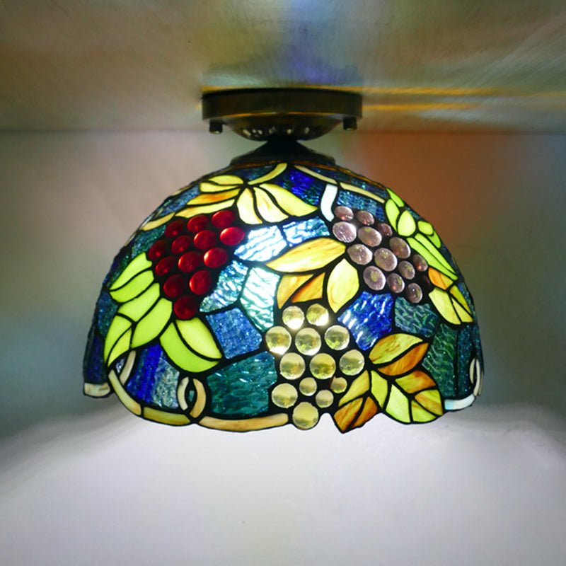 Flower Semi Flush Mount Light Fixture 1 Light Stained Glass Tiffany-Style Ceiling Mount Light Fixture