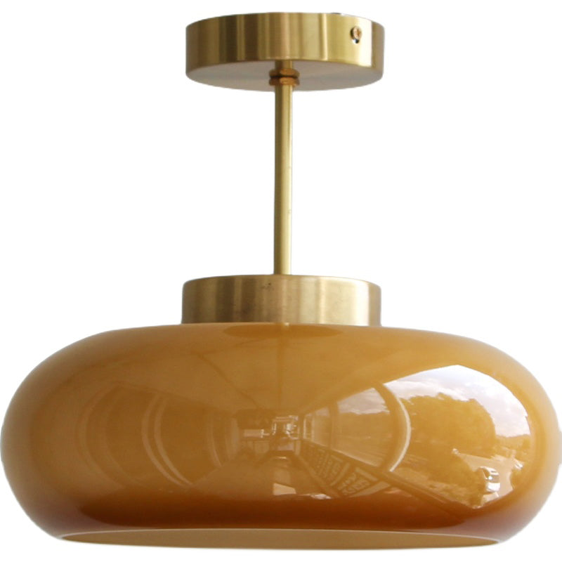 Colonial Style Brass Flush Mount Drum Hand-blown Glass Ceiling Light Fixture for Bathroom