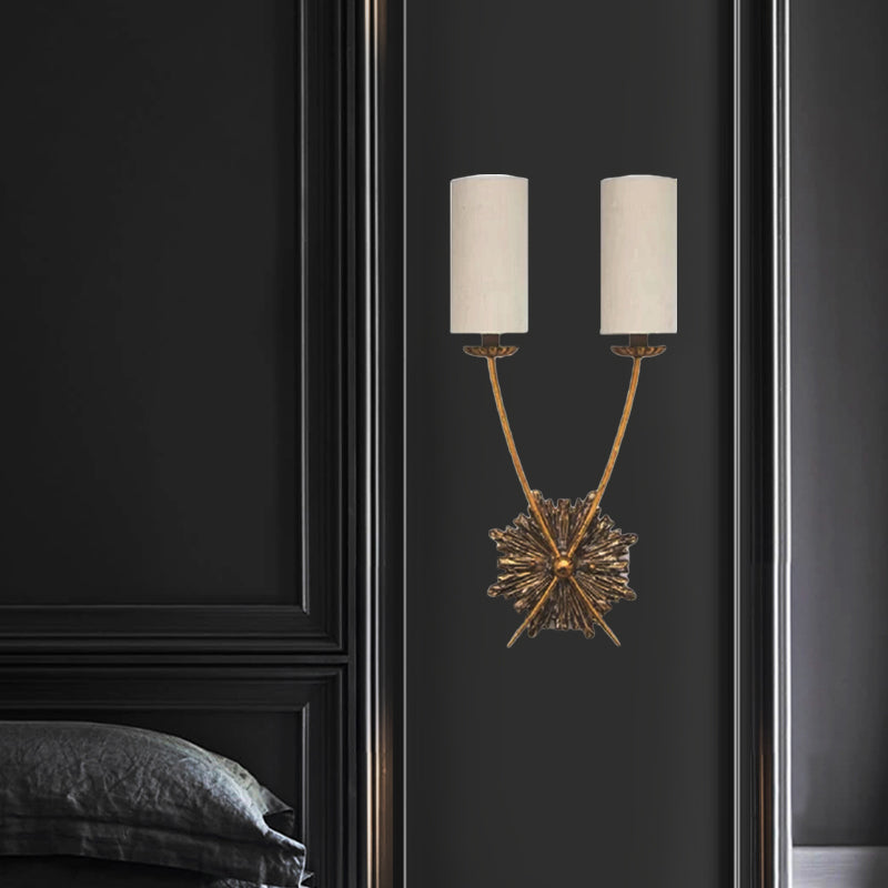 Traditional Tube Vanity Lighting Idea 2 Lights Fabric Sconce Light Fixture in White for Bathroom