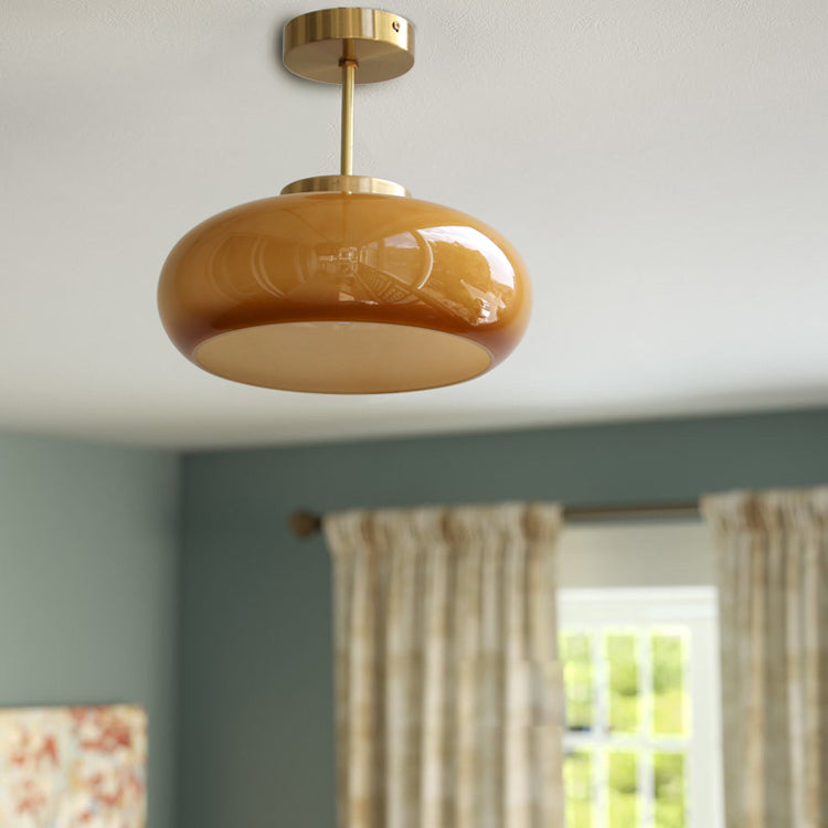 Colonial Style Brass Flush Mount Drum Hand-blown Glass Ceiling Light Fixture for Bathroom