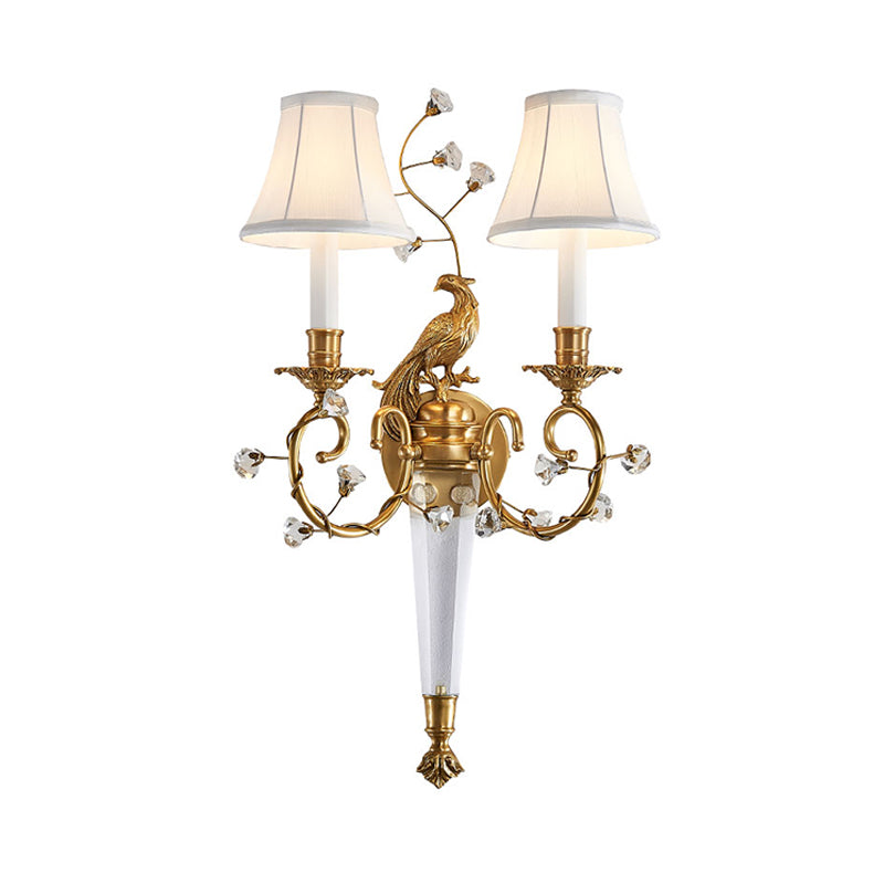 2 lichten taps toelopende wandlamp barmantse platteland messing stoffen sconce voor slaapkamer met gebogen arm