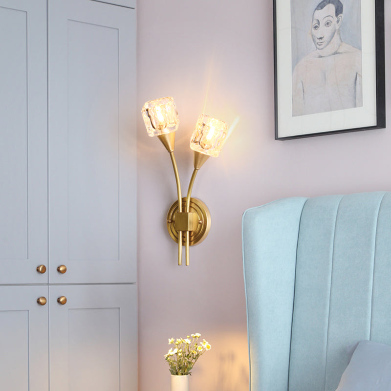2-Light Gold Wall Lamp in Modern Luxury Style Copper Wall Sconce with Crystal Shade