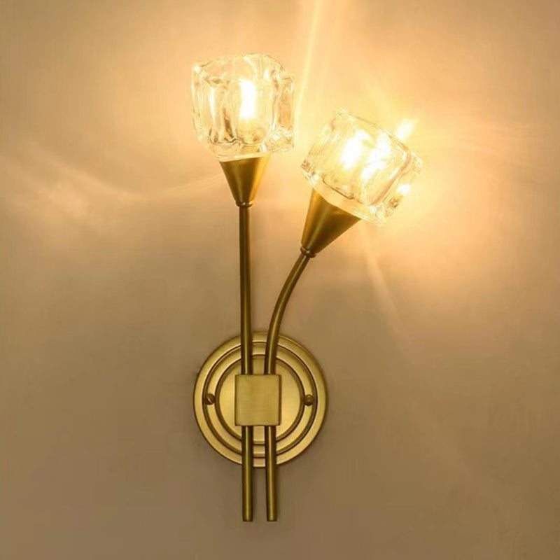 2-Light Gold Wall Lamp in Modern Luxury Style Copper Wall Sconce with Crystal Shade
