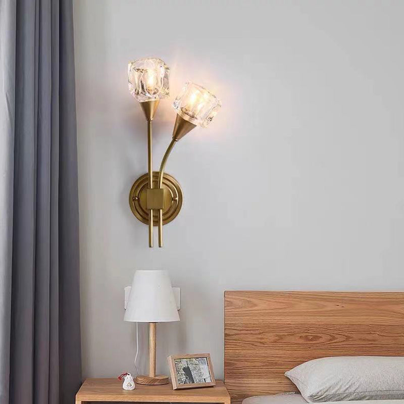 2-Light Gold Wall Lamp in Modern Luxury Style Copper Wall Sconce with Crystal Shade