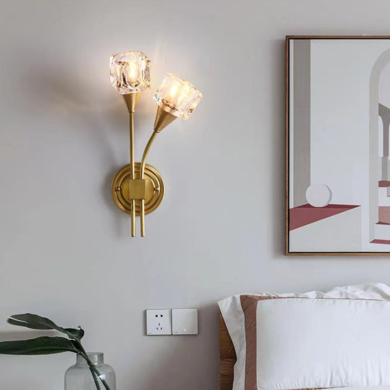 2-Light Gold Wall Lamp in Modern Luxury Style Copper Wall Sconce with Crystal Shade